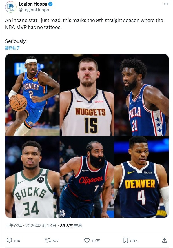 ??美媒發(fā)現盲點(diǎn)：聯(lián)盟過(guò)去九年的MVP身上都沒(méi)有文身