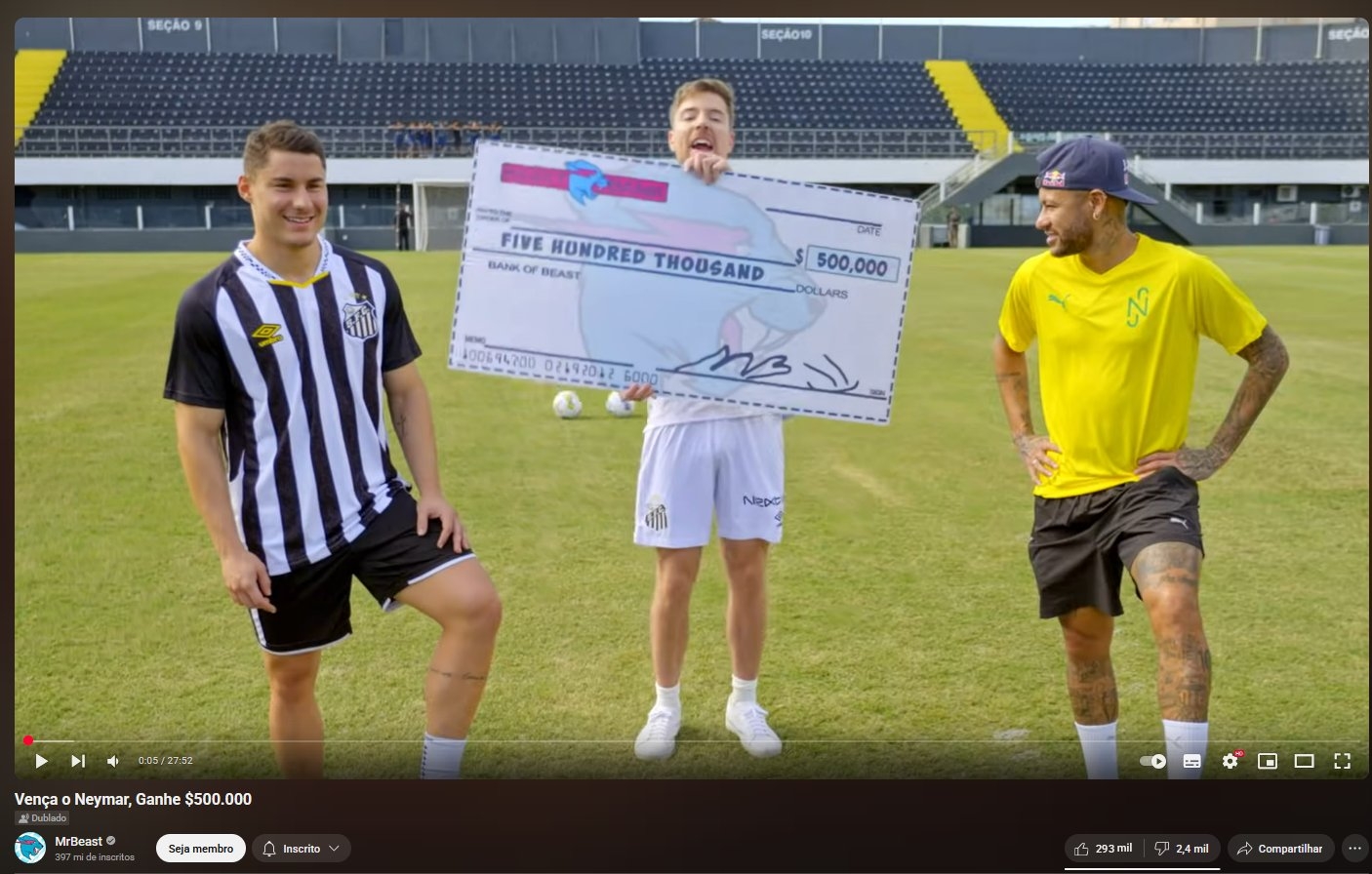 錯失50萬(wàn)美元獎金！網(wǎng)紅MrBeast發(fā)起，內馬爾射門(mén)挑戰不敵球迷