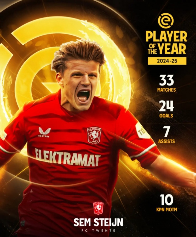 官方：施泰恩榮獲2024/25賽季荷甲最佳球員稱(chēng)號與荷甲金靴獎