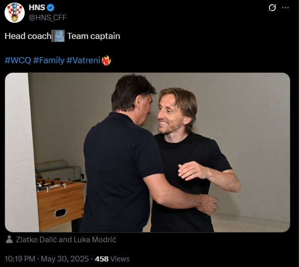 39歲莫德里奇抵達國家隊，官推曬照與主教練擁抱