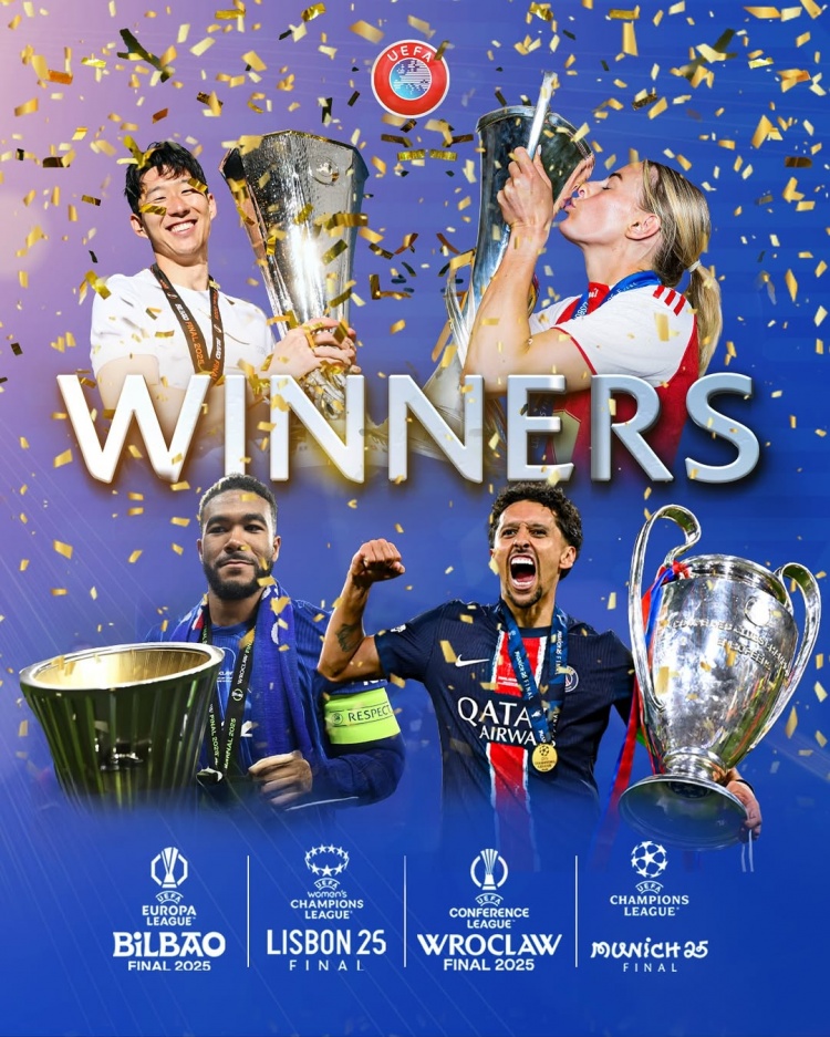 歐足聯(lián)祝賀旗下四大賽事冠軍：巴黎、熱刺、切爾西、阿森納女足