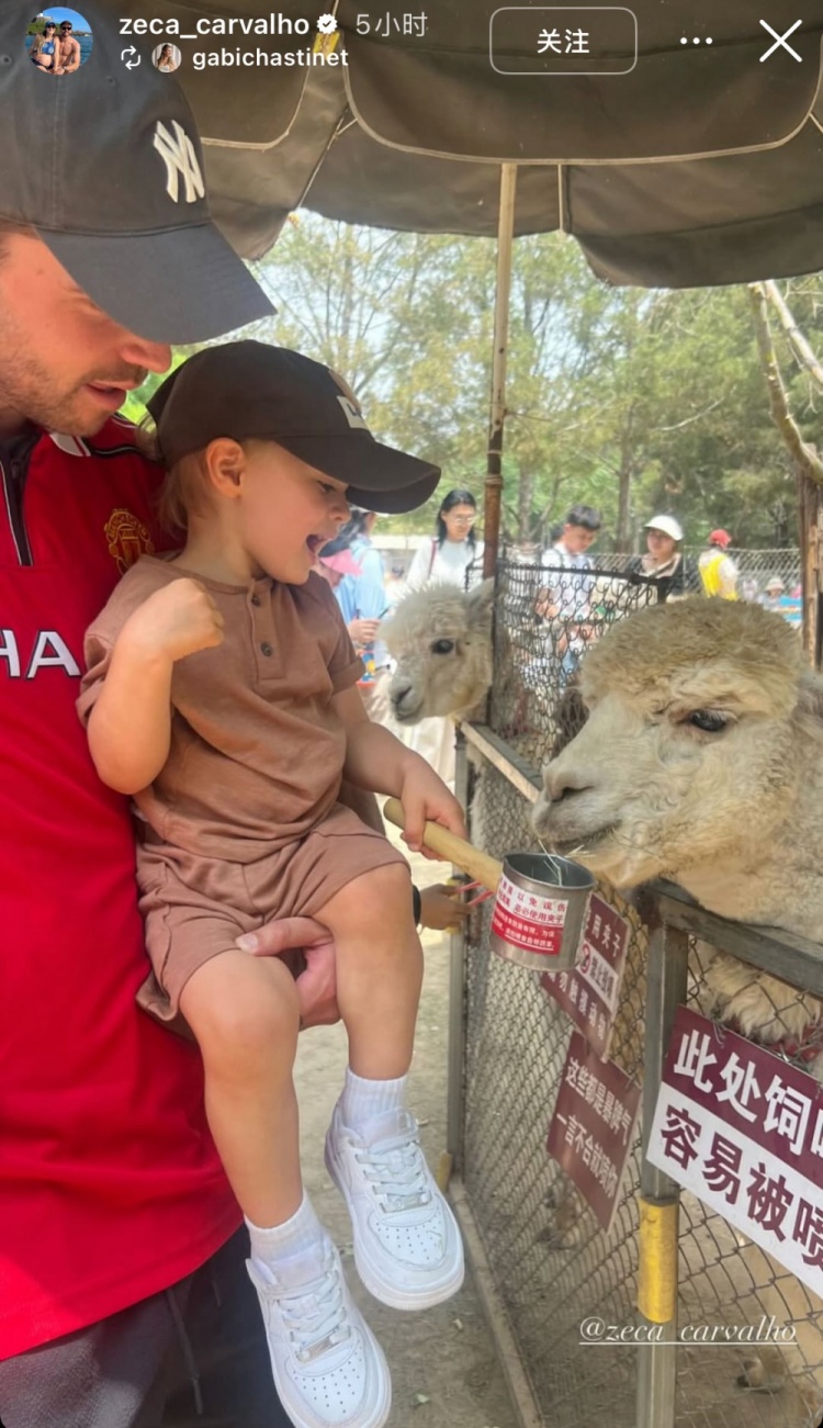 親子時(shí)光！泰山外援澤卡更新社媒，帶孩子在動(dòng)物園玩耍&喂食羊駝