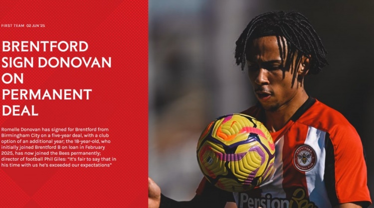 官方：布倫特福德買(mǎi)斷伯明翰中場(chǎng)多諾萬(wàn)，球員青年隊15場(chǎng)11球10助