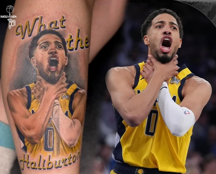 真愛(ài)粉??步行者球迷在小腿上紋了哈利伯頓扼喉慶祝動(dòng)作的紋身