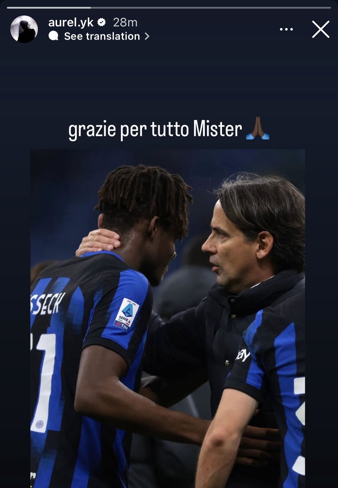 比塞克社媒告別小因扎吉：感謝你所做的一切，教練