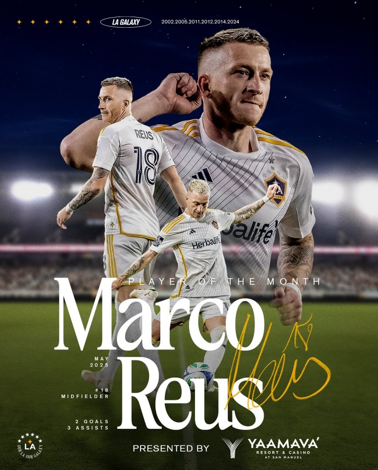 6場(chǎng)2球3助！羅伊斯當選洛杉磯銀河5月最佳球員