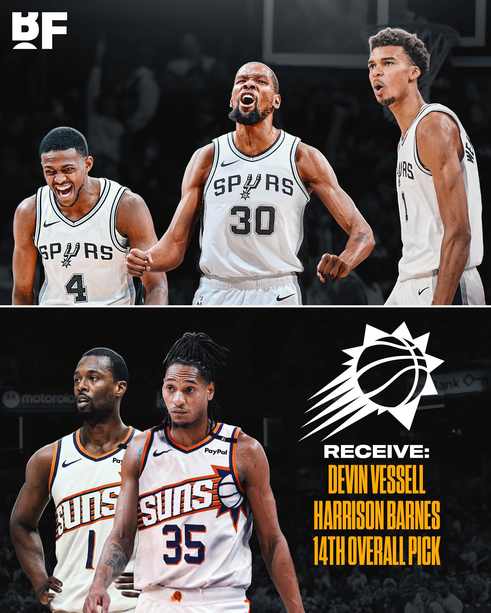 飛狐+文班+KD+卡斯爾??美記：馬刺擬定瓦塞爾+巴恩斯+14簽換KD