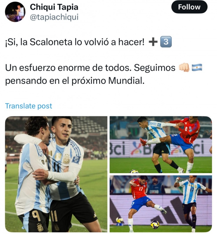 阿根廷足協(xié)主席社媒：斯卡洛尼帶隊再取一勝，得益于全隊共同努力