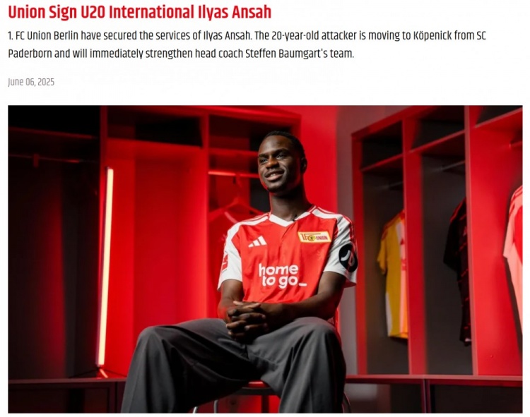 官方：柏林聯(lián)合簽下德國U20國腳前鋒安薩 據悉轉會(huì )費400萬(wàn)歐+浮動(dòng)