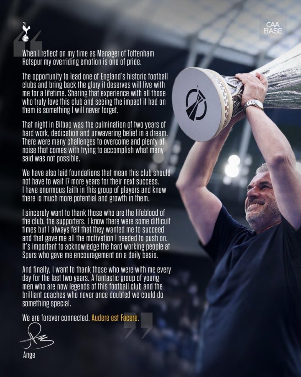 澳波社媒告別熱刺：回顧兩年執教滿(mǎn)是自豪，贏(yíng)得歐聯(lián)杯將終生難忘