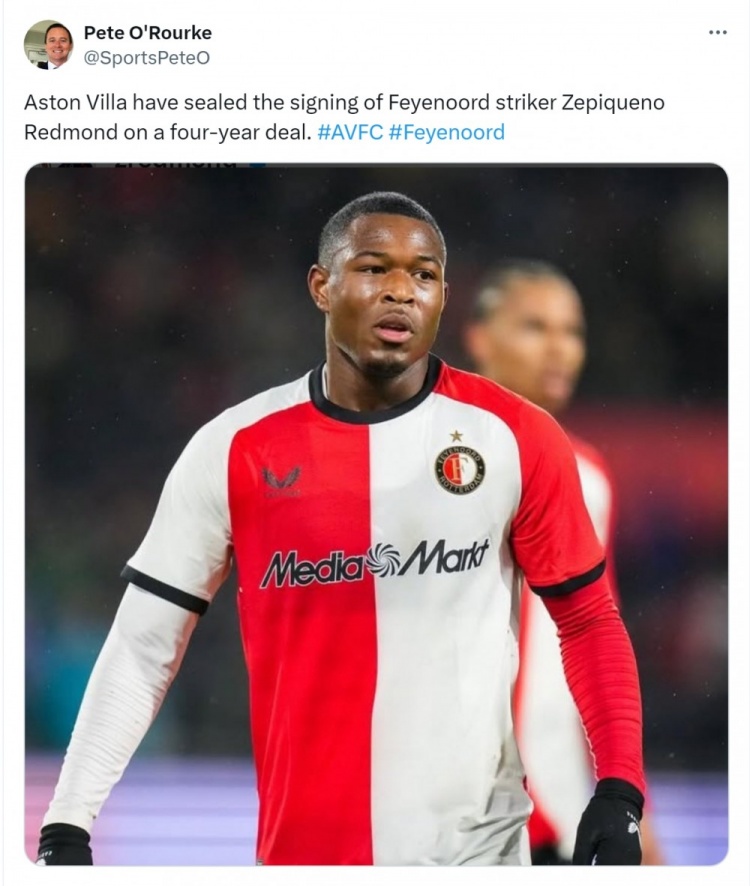 記者：維拉簽下費耶諾德18歲前鋒雷德蒙德，合同期限為4年