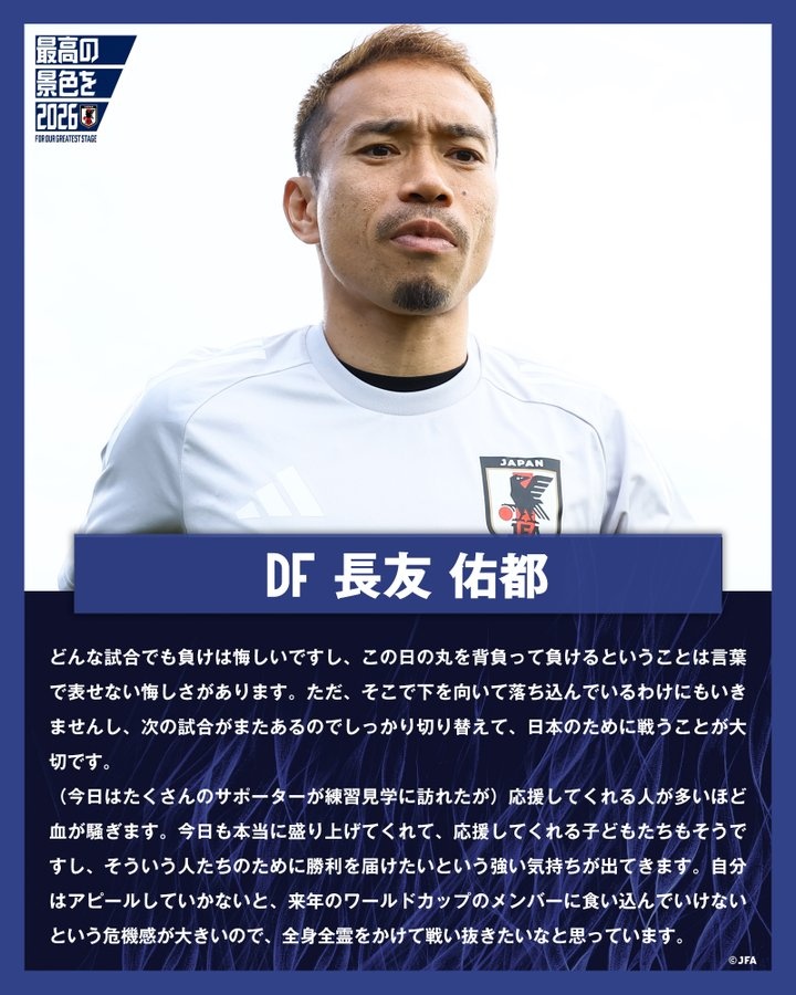 長(cháng)友佑都：無(wú)論什么比賽輸球就是讓人不甘 對參加世界杯有危機感