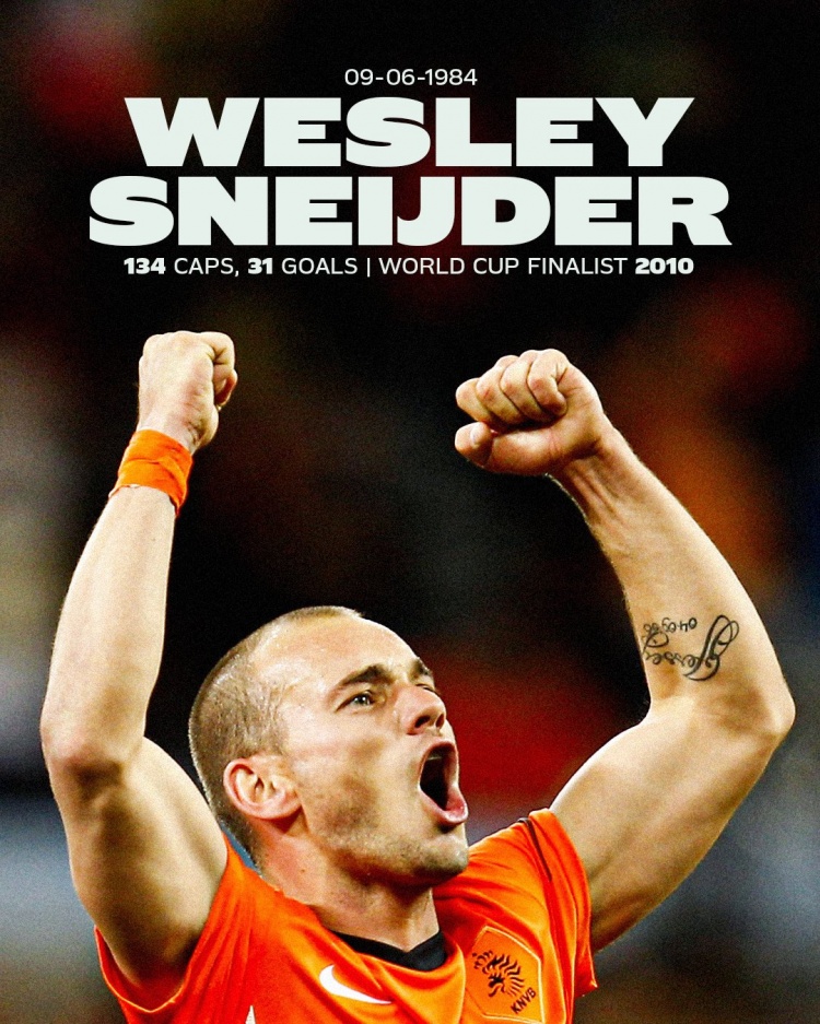 傳奇！荷蘭隊祝斯內德41歲生日快樂(lè )，國家隊出戰134場(chǎng)31球32助