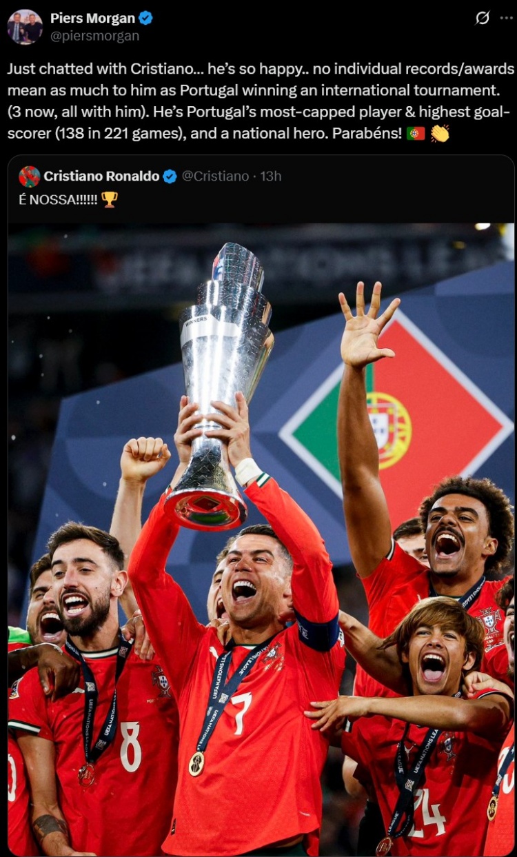 摩根社媒：沒(méi)有任何個(gè)人榮譽(yù)比葡萄牙奪冠對C羅意味著(zhù)更多