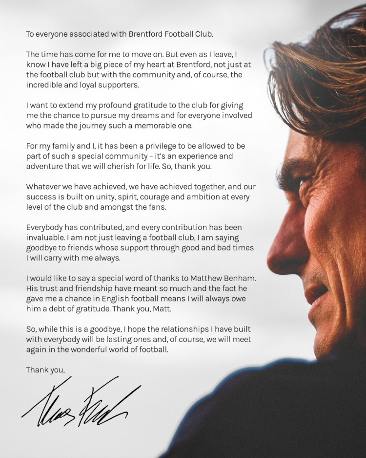 弗蘭克告別布倫特福德：感謝俱樂(lè )部所有人，你們的支持我銘記在心