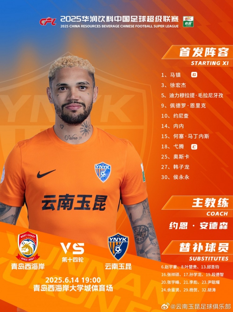 云南玉昆今日首發(fā)陣容