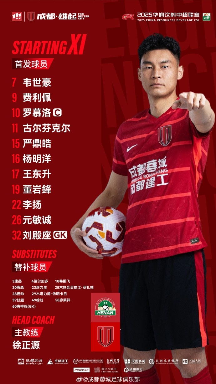 河南VS成都蓉城比賽首發(fā)名單出爐！成都，雄起！