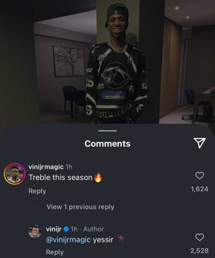 有信心！球迷留言希望下賽季贏(yíng)得三冠王，維尼修斯回復“yessir”