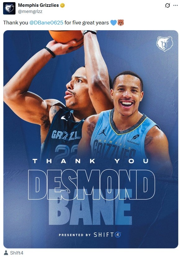 灰熊官方發(fā)推：感謝貝恩在這里貢獻的精彩5年????