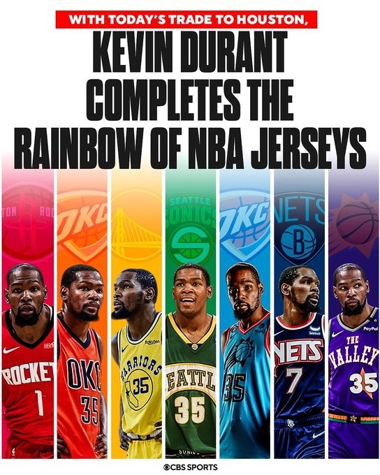 美媒曬圖：杜蘭特已經(jīng)集齊七色球衣 你最喜歡哪一種顏色？