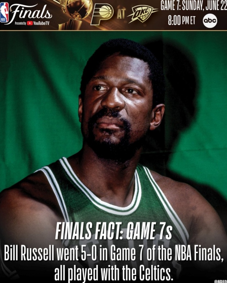 比爾-拉塞爾總決賽搶七5勝0負 官方用他名字來(lái)命名FMVP獎杯