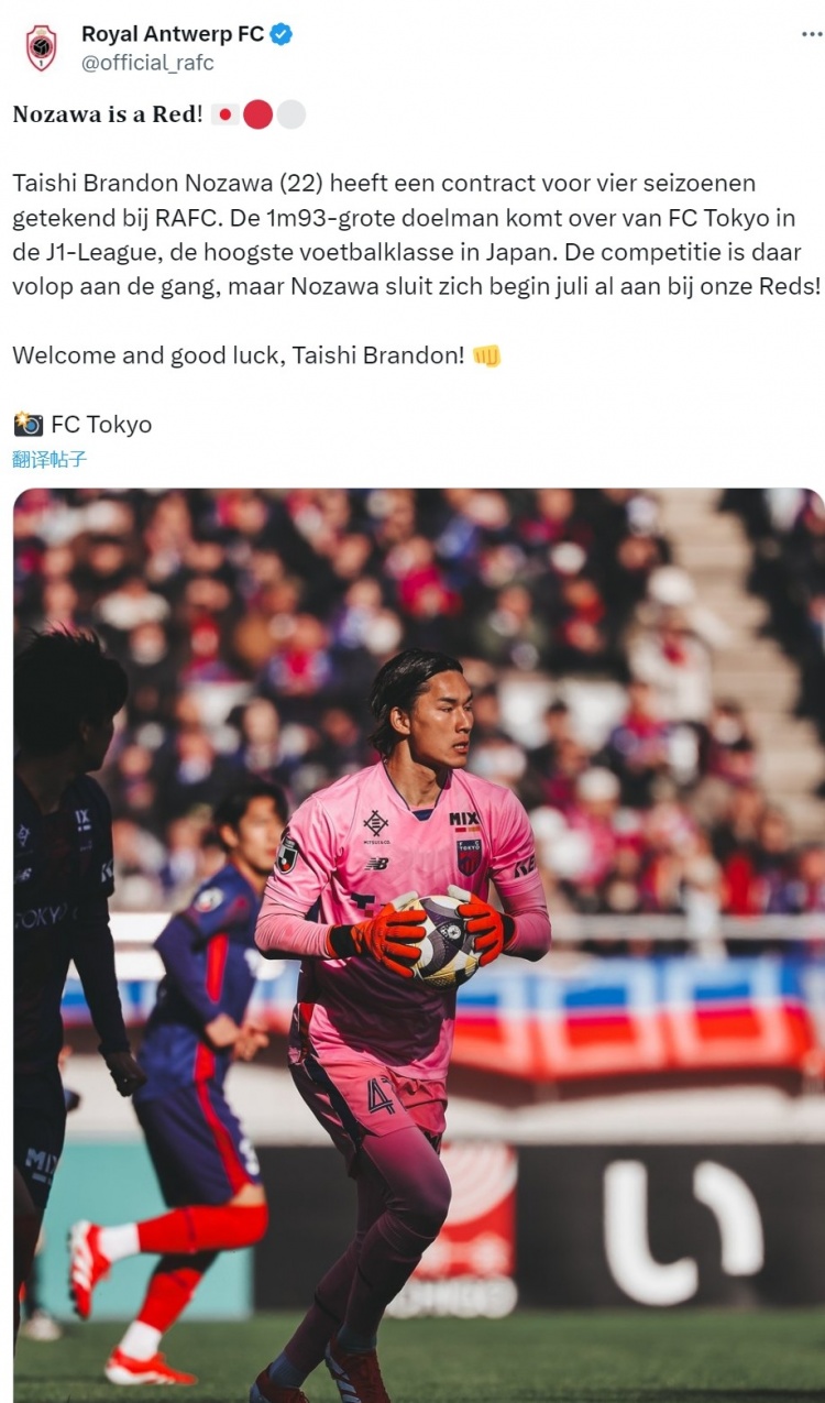 官方：22歲日本門(mén)將野澤大志加盟安特衛普，簽約4年