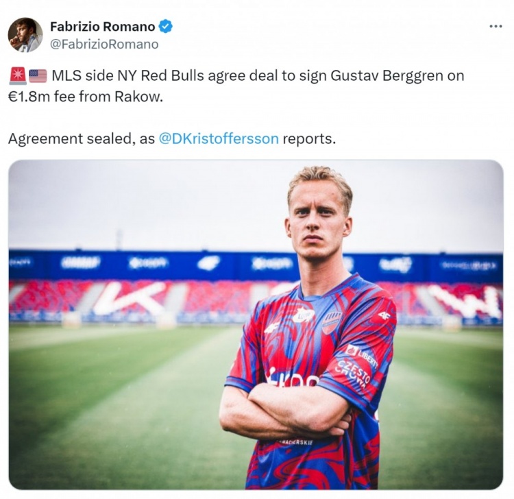 羅馬諾：紐約紅牛引進(jìn)瑞典中場(chǎng)貝爾格倫達成協(xié)議，轉會(huì )費180萬(wàn)歐