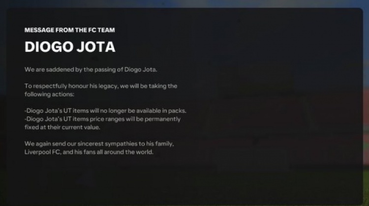 FC25悼念若塔：出于尊重，若塔UT卡將不再出現在卡包中&數值鎖定