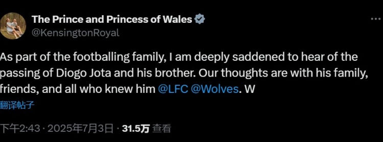 威廉王子&凱特王妃悼念若塔：深感悲痛，我們與他的家人朋友同在