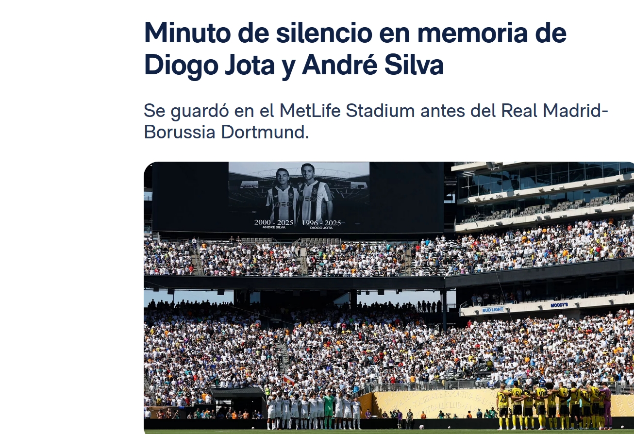 皇馬vs多特賽前為若塔及其兄弟默哀一分鐘，兩隊均佩戴黑色袖標