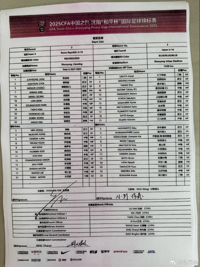 韓國U16vs日本U16首發(fā)：日本較對陣中國更換整套首發(fā) 韓國大輪換