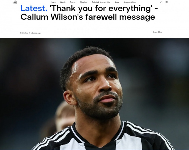 紐卡官方：33歲的英格蘭前鋒卡勒姆-威爾遜合同到期離隊