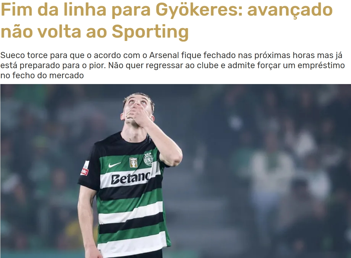 葡媒：約克雷斯已決定，無(wú)論是否轉會(huì )阿森納，都不會(huì )再為葡體效力