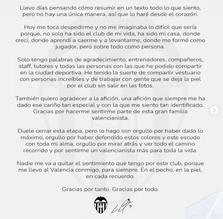 莫斯克拉告別信：結束這段旅程讓我心痛，我永遠是一名瓦倫西亞人