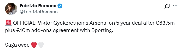 羅馬諾：阿森納官宣約克雷斯，肥皂劇結束！????