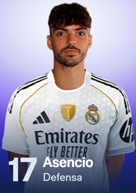 皇馬官網(wǎng)更新球員信息：22歲中衛勞爾-阿森西奧由35號改穿17號