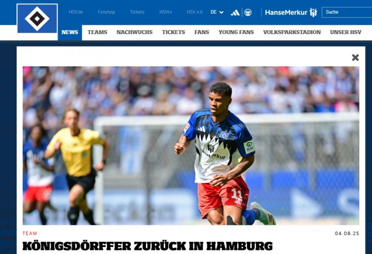 官方：前鋒柯尼希斯多費爾未通過(guò)體檢重回漢堡訓練