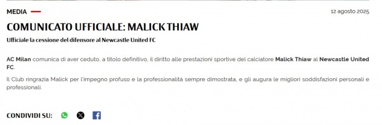 米蘭官方：佳夫轉會(huì )紐卡，感謝他效力期間展現出的努力和職業(yè)精神