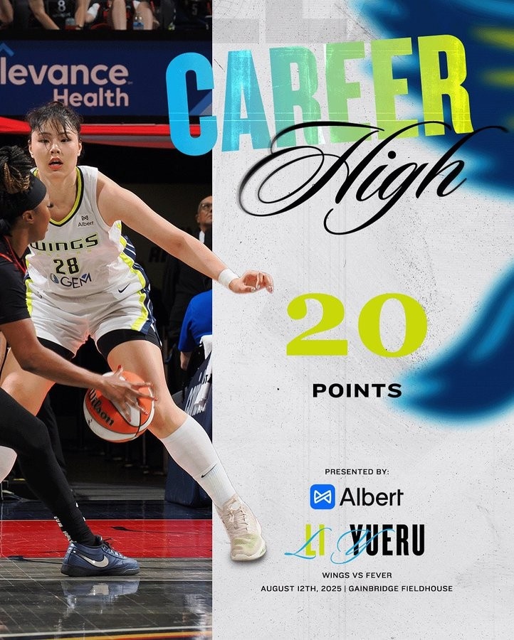 夸一夸！達拉斯飛翼發(fā)李月汝數據海報：多才多藝的大個(gè)子砍下20+4