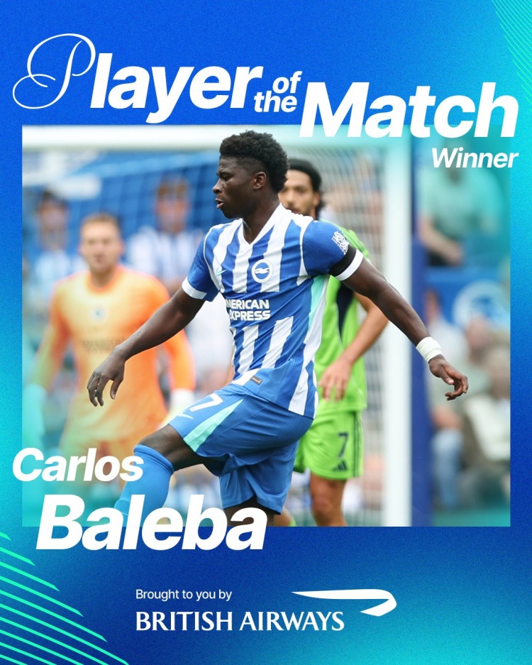 3次攔截全場(chǎng)最高，巴萊巴當選布萊頓1-1富勒姆一役隊內最佳