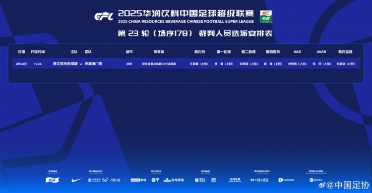 浙江隊vs津門(mén)虎裁判安排：沈寅豪擔任主裁判 VAR徐強強