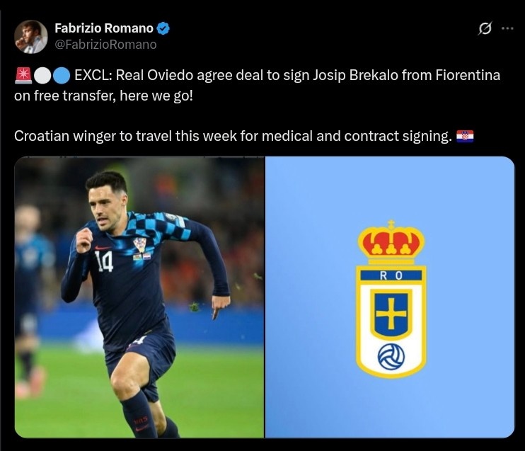 羅馬諾：皇家?jiàn)W維耶多將免簽佛羅倫薩前鋒布雷卡洛，Here we go！