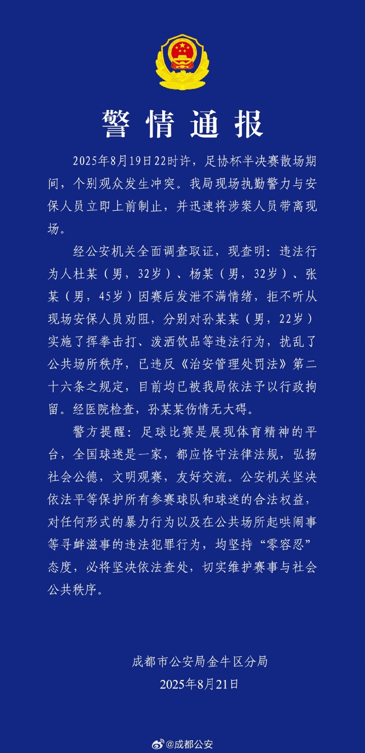 成都公安：足協(xié)杯半決賽后3人實(shí)施揮拳擊打等違法行為 被行政拘留