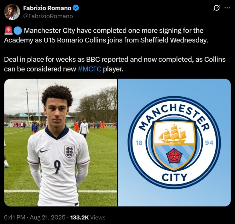 青訓引援+1，羅馬諾：曼城從謝周三簽下U15球員羅馬里奧-科林斯