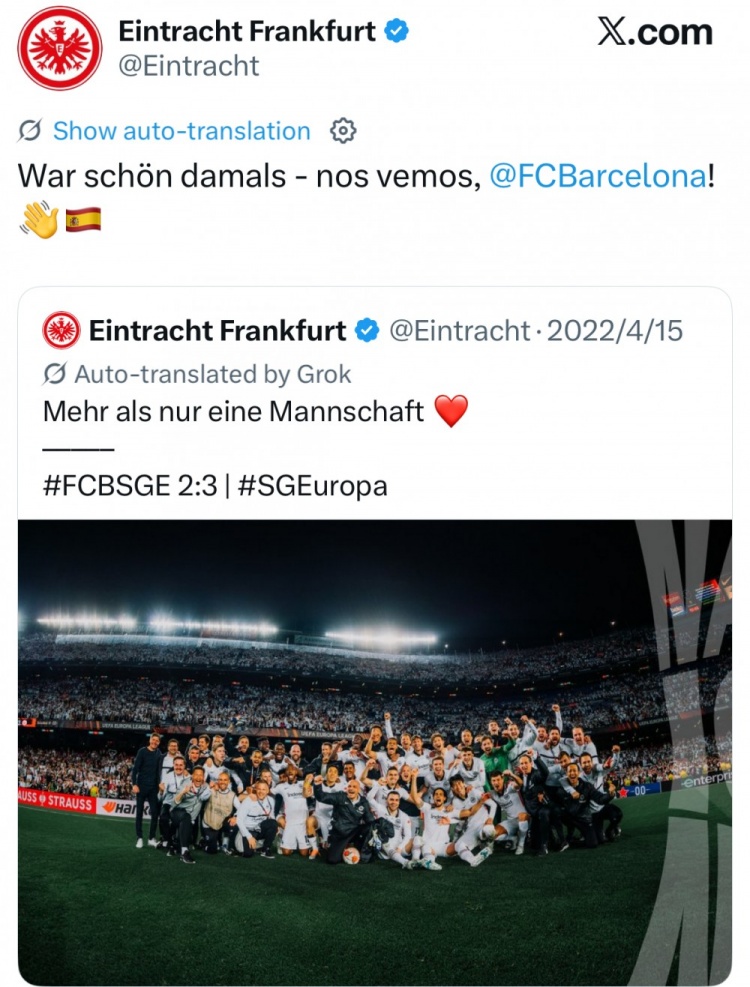 再度重相逢，法鷹官方回顧22年歐聯(lián)杯客勝巴薩：一段美妙的經(jīng)歷