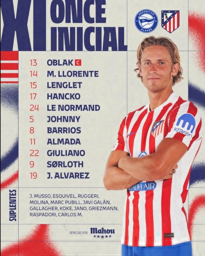 馬競客戰阿拉維斯首發(fā)：小蜘蛛領(lǐng)銜，新援阿爾馬達、漢茨科在列