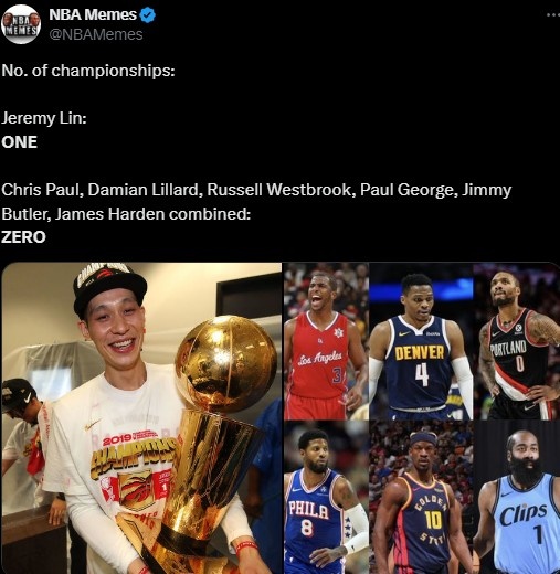 美媒調侃：哈登&保羅&利拉德&威少&喬治等加起來(lái)0冠 林書(shū)豪有一冠