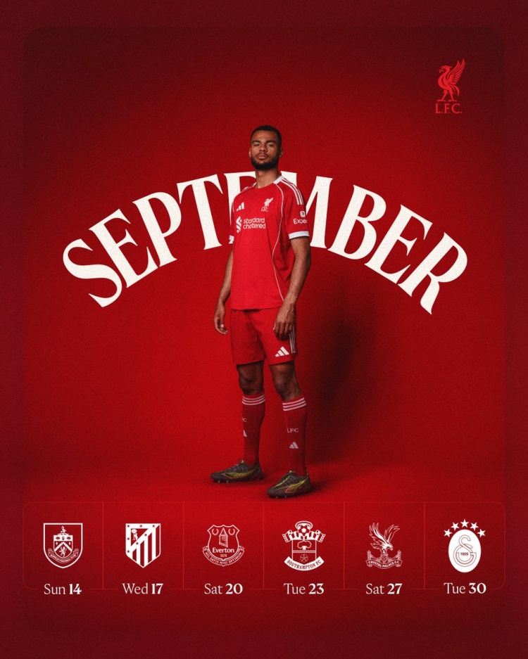 利物浦官方曬9月賽程：18日歐冠主場(chǎng)vs馬競 20日默西塞德德比