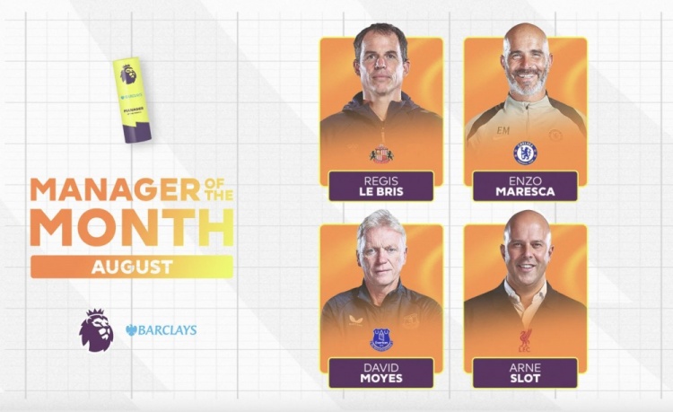 英超8月最佳主帥候選：斯洛特、馬雷斯卡、莫耶斯&布里斯入圍
