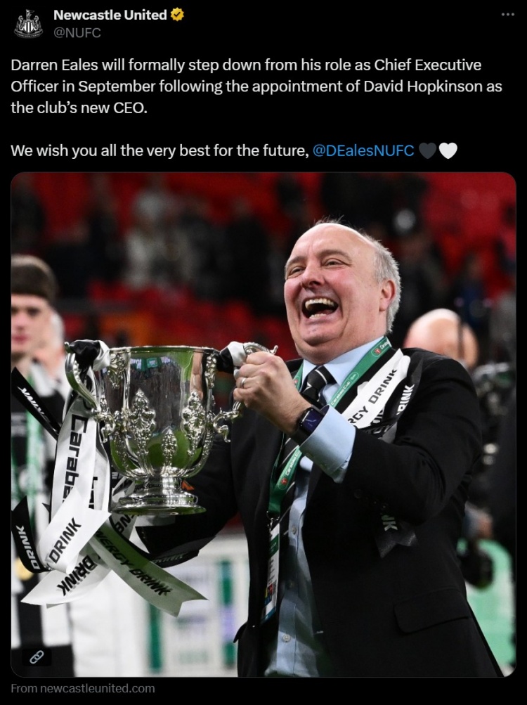 官方：紐卡CEO達倫-伊爾斯正式卸任